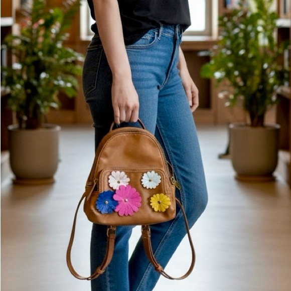 Tan Fossil Small Backpack/Crossbody with Colorful Floral Appliqués - Picture 2 of 10